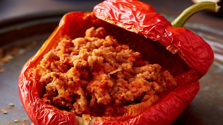 Receta de pimientos rojos rellenos de carne picada en salsa de tomate frito