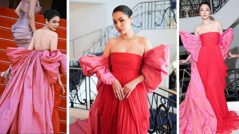Faye Peraya conquistó Cannes 2025 con un look de alto impacto: rojo pasión, volúmenes dramáticos y joyería exquisita firmada por Boucheron