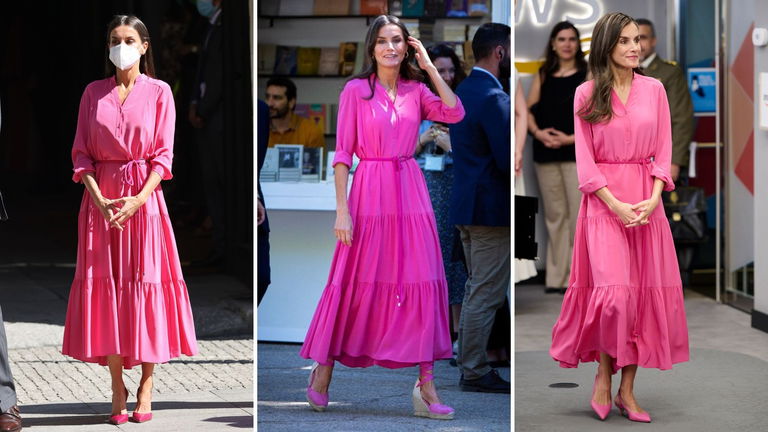 Letizia y su vestido camisero fucsia: tres apariciones, tres estilos impecables